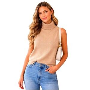 Talbots Sweater Shell Turtleneck Beige Cotton Modal Sleeveless Women L